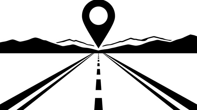 Minimalist location pin on road with mountains