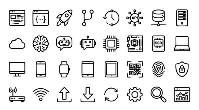 Minimal black technology line icons collection featuring programming cloud database artificial intelligence cybersecurity and web development isolated on white background