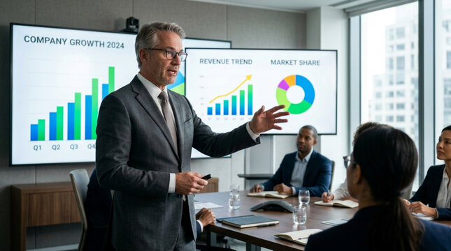 Businessman presenting growth and revenue charts at corporate meeting