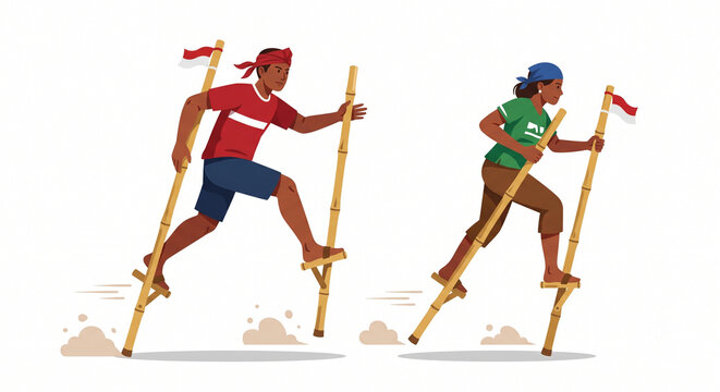 Egrang Bamboo Stilts Race Indonesian Independence Day Flat Vector Illustration Isolated on White Merdeka Game