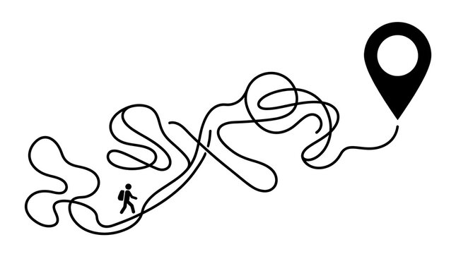 Person walking complex maze path with location pin