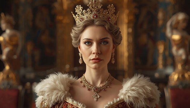 Queen wearing an intricate gold crown and fur-lined mantle gazes directly at the camera while standing in a dimly lit historical palace hall adorned with ornate statues and rich decorative details.
