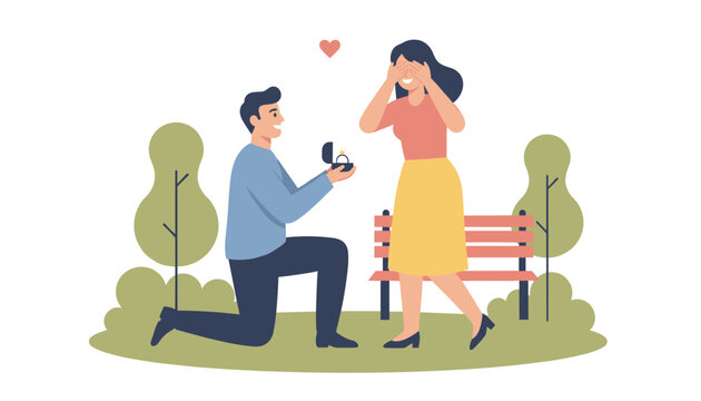 Romantic man proposing to his surprised girlfriend on one knee in a city park while holding a beautiful engagement ring in a box.