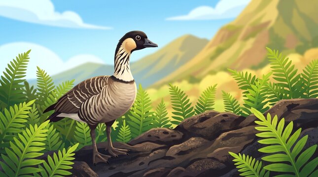 Hawaiian Goose Nene on Volcanic Rock with Native Ferns Hawaii Gouache Wildlife Travel Illustration
