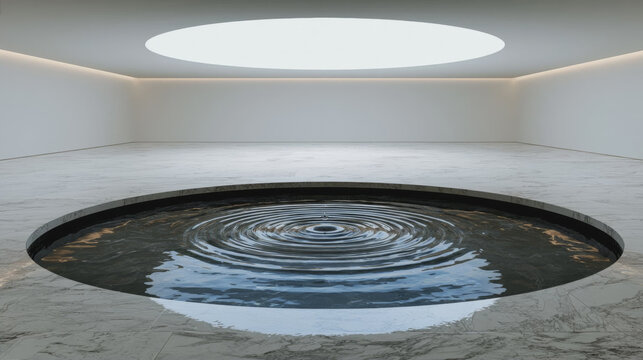 Minimalist indoor space with circular pool water drop ripples and skylight in marble room