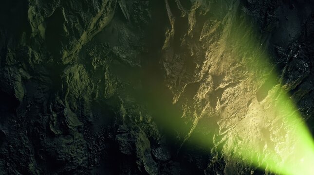 Dramatic green light beam illuminating rugged cave wall with textured rock formations Abstract, Liquid, Colorful Gradient, Fluid Wave Texture, Vibrant Background, Digital Art