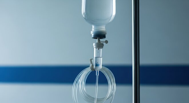 Close-up of intravenous infusion drip bag and tubing with clear liquid, providing medical treatment and hydration in a clinical setting.