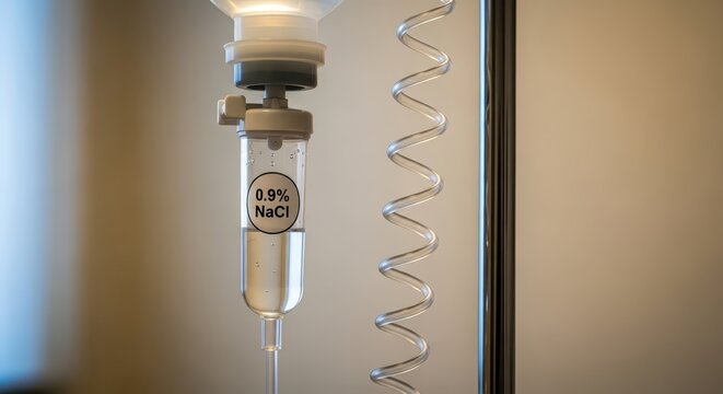Close-up of intravenous fluid bag and drip chamber with saline solution, medical equipment in hospital or clinic setting