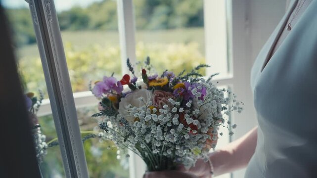 Bride Holding Bridal Bouquet by Window