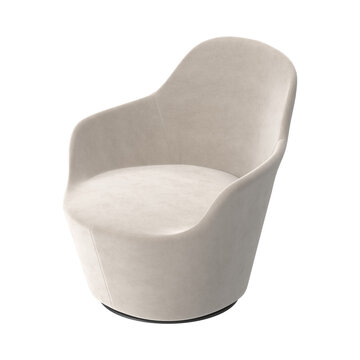 Modern beige velvet swivel armchair with a rounded silhouette and comfortable design