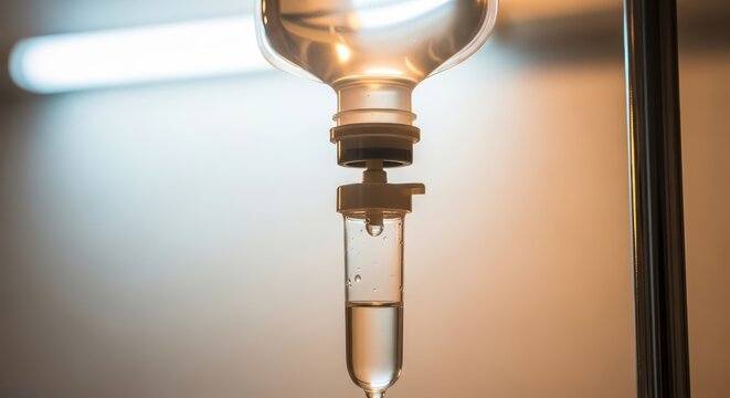Close-up of IV drip bag with fluid dripping into chamber, medical infusion set in hospital setting