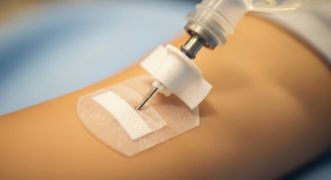 Close-up of IV needle inserted into a patient's arm for fluid or medication administration
