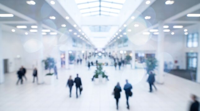 Blurred commuters walking through modern bright office building atrium with glass ceiling and soft natural sunlight reflections creating abstract corporate atmosphere for business background