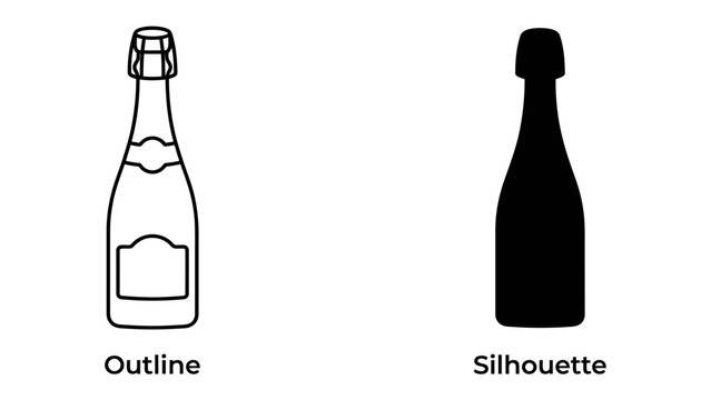 Champagne Bottle Outline and Silhouette: A clear outline and a solid silhouette of a champagne bottle, perfect for design or informational purposes.
