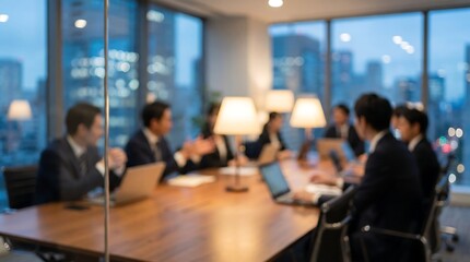 Fototapeta premium Professional business team having evening meeting in modern corporate conference room with city skyline view through large glass windows illuminated by warm table lamps and laptops