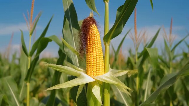 Ripe Corn Ear Growing in Golden Sunlight Against a Blue Sky Over a Lush Field