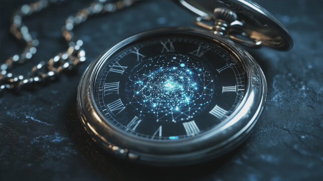Vintage pocket watch with glowing starry galaxy and cosmic network inside on dark stone background