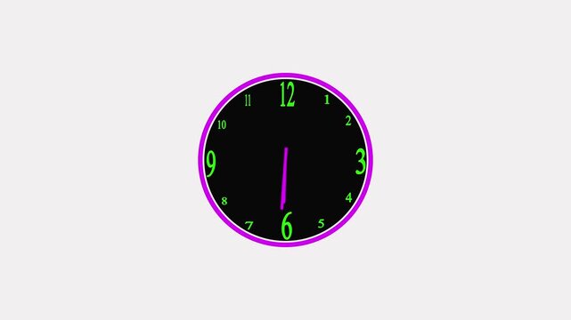Modern black wall clock with bright green numbers and purple hands showing time isolated on a transparent background