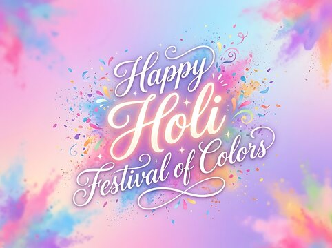 Vibrant happy holi festival of colors greeting card with splashing paints and elegant text design
