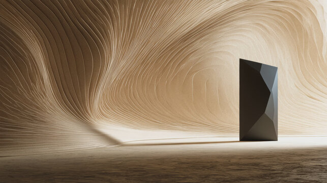Abstract futuristic scene featuring a black geometric polygonal monolith standing inside a surreal carved sand cave with wavy textures.