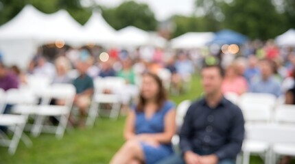 Obraz premium Out of focus crowd of people sitting on white chairs during outdoor community event with festival tents in background providing soft bokeh atmosphere for corporate or social gathering