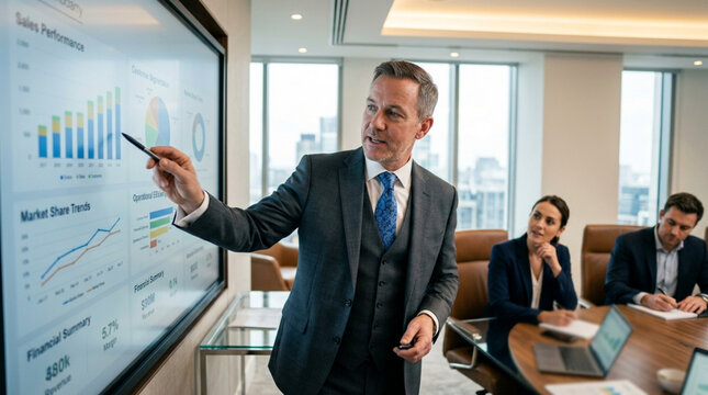 Businessman Presents Sales Performance & Market Share Data on Digital Board
