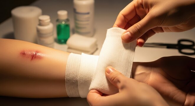 Close-up of person's hands bandaging an injured arm with a bleeding wound using medical gauze and supplies