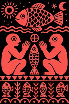 Abstract folk art depicting a cosmic scene with humans, fish, sun, moon, and stars in coral red on a black background.