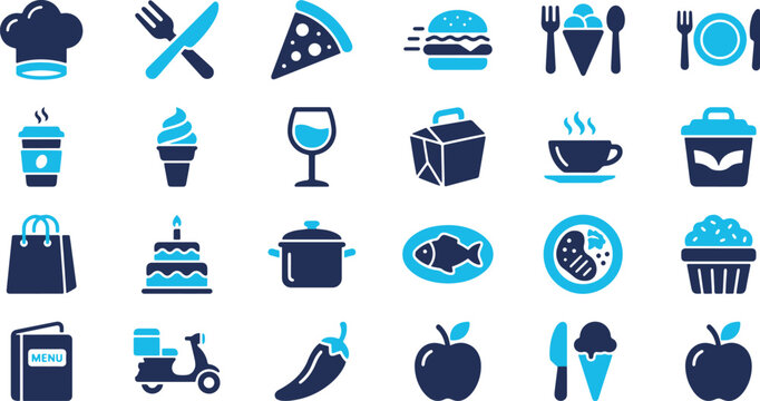 Set of food and drink icons in blue tones for restaurant menu and delivery services