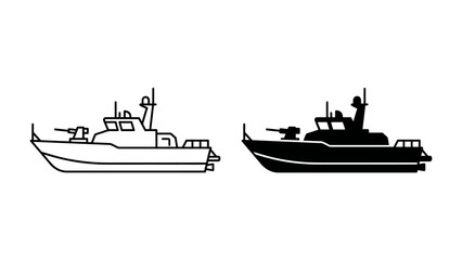 Naval Patrol Boat Icon: A clear graphic representation of a naval patrol boat, shown in both line art and silhouette. © Mdd64