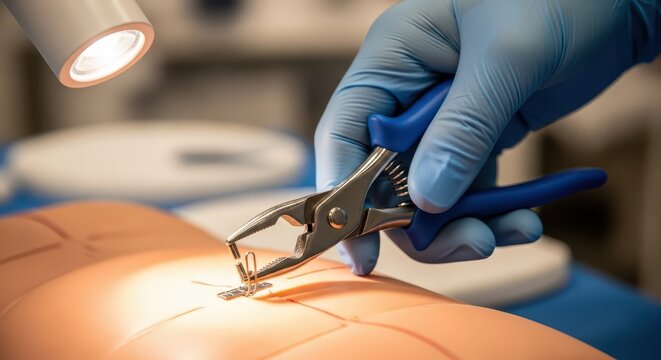 Close-up of medical student practicing suturing on a surgical training model with instruments under examination light