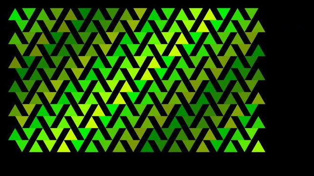 Animated abstract green and yellow geometric pattern with shimmering triangular shapes on a black background.