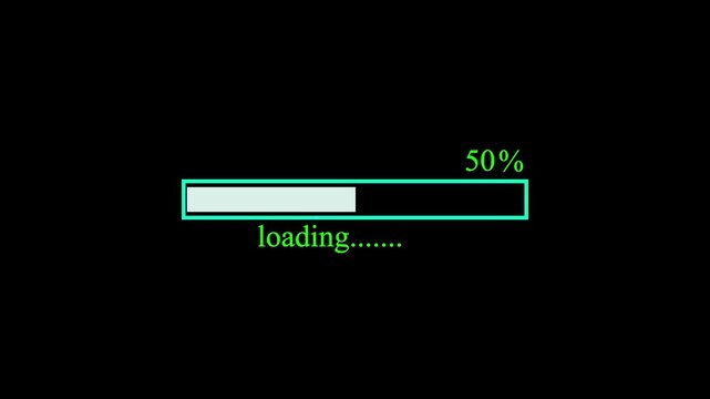 Green digital loading bar showing ten percent progress on a black screen for computer technology interface design and web development projects showing a simple process status indicator