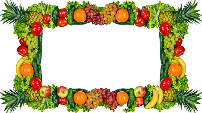 Fresh fruit and vegetable border frame with pineapples grapes oranges tomatoes cucumbers apples bananas, and lettuce