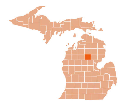 Michigan Map with Roscommon County Highlighted in Green Color Vector Illustration