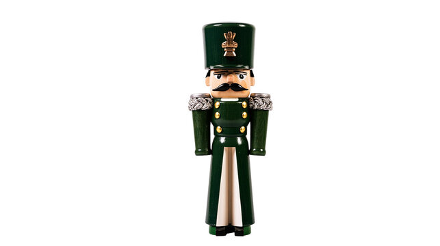 Green wooden nutcracker soldier with mustache and gold buttons