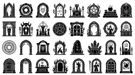 Set of 28 black fantasy icon silhouettes featuring magic portals, occult altars, runic arches, pentagrams, wizards, and ritual symbols for game UI design and creative assets. © VectorSuka