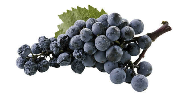 Dark blue grapes with dried raisins and green leaf
