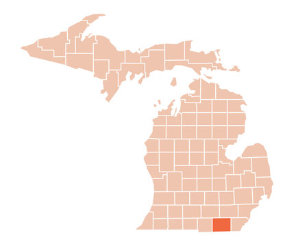 Michigan Map with Lenawee County Highlighted in Green Color Vector Illustration