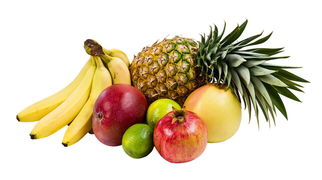 Assorted fresh tropical fruits including bananas pineapple mango pomegranate limes, and grapefruit