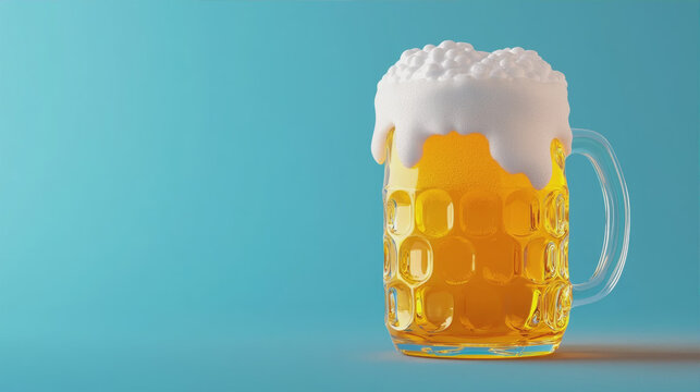Glass mug of cold lager beer with overflowing thick foam isolated on blue background