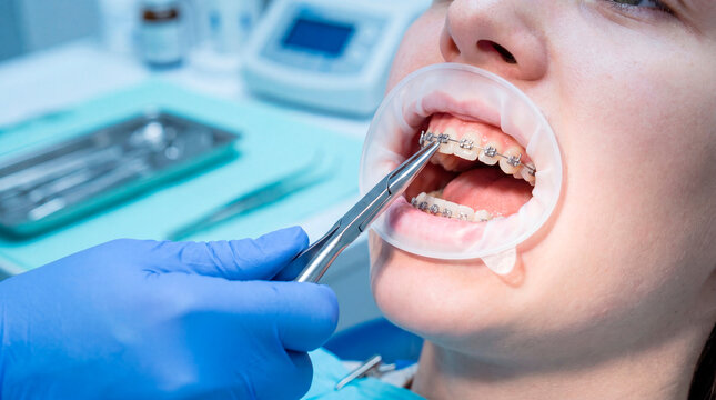 Dentist installer checking metal brackets on female teeth using professional orthodontic pliers and a mouth retractor in a dental clinic.