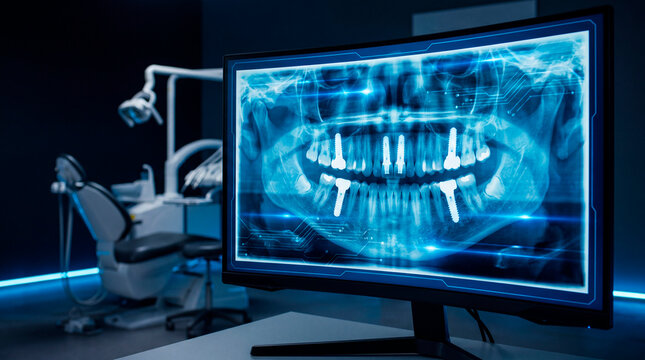Computer monitor displaying a digital panoramic dental jaw X-ray with multiple dental implants inside a modern dark clinic room with neon blue light.