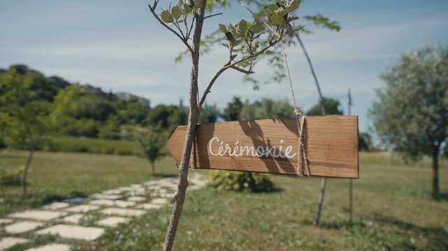 Rustic Wooden Ceremony Sign Pointing Toward Outdoor Wedding Venue
