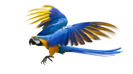 Blue and yellow macaw parrot flying with wings spread © Ophelia