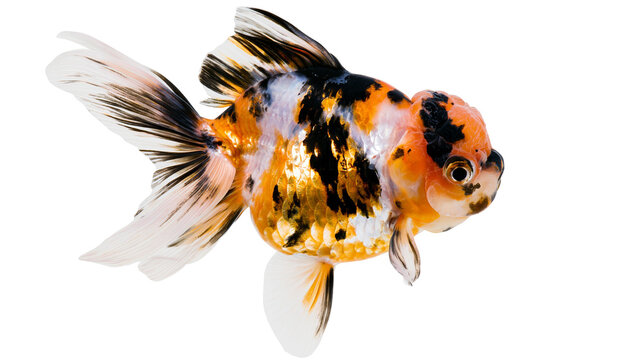Calico Ryukin goldfish with flowing fins and patterned scales