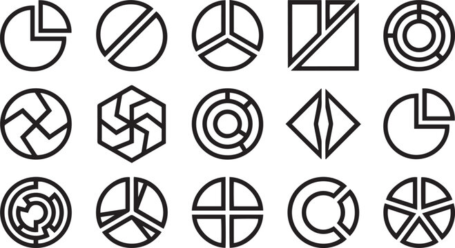 Set of various black and white outline icons representing different types of business charts and data diagrams