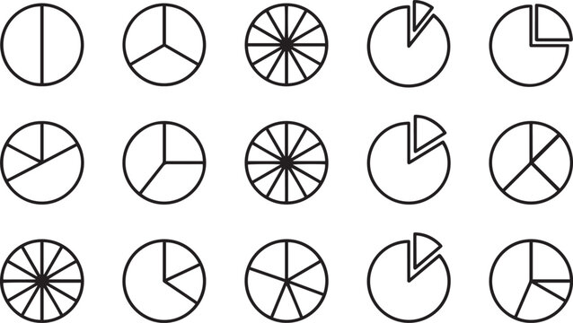 A collection of various circular pie charts and geometric diagrams isolated on a plain white background for design