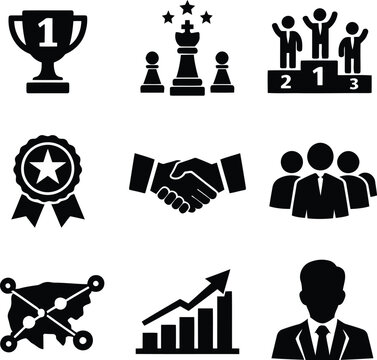 Black vector graphic icon set displaying various business concepts including leadership success teamwork achievement handshake growth strategy and corporate management