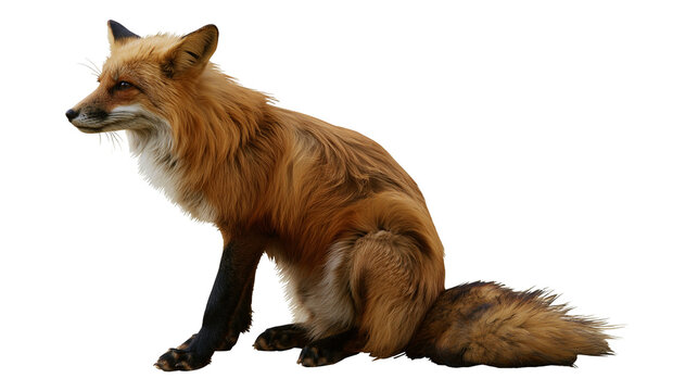 Red fox sitting with bushy tail and dark legs